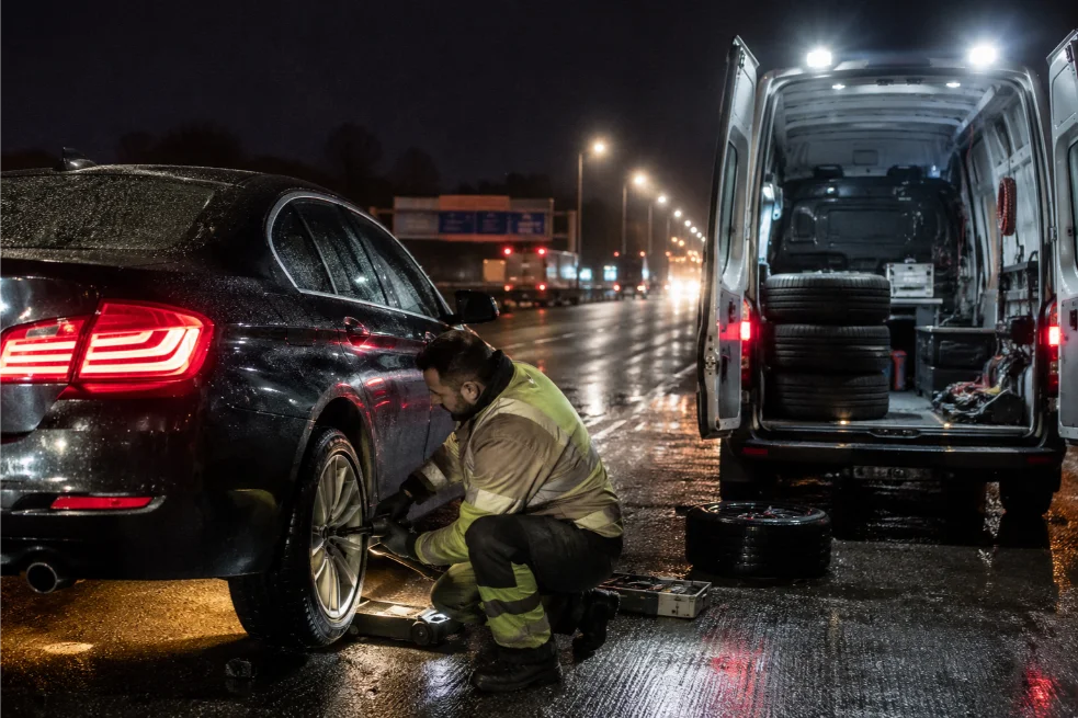 Emergency mobile tyre fitting slough