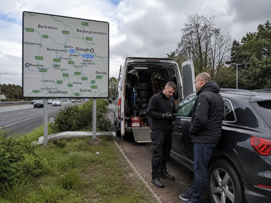 Roadside service stop on a cloudy day in Berkshire